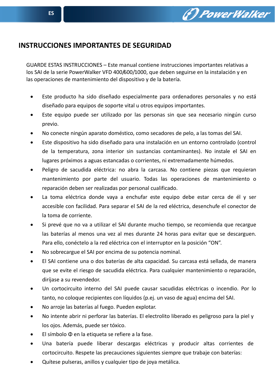 Instrucciones importantes de seguridad | PowerWalker VFD 600 User Manual | Page 26 / 160