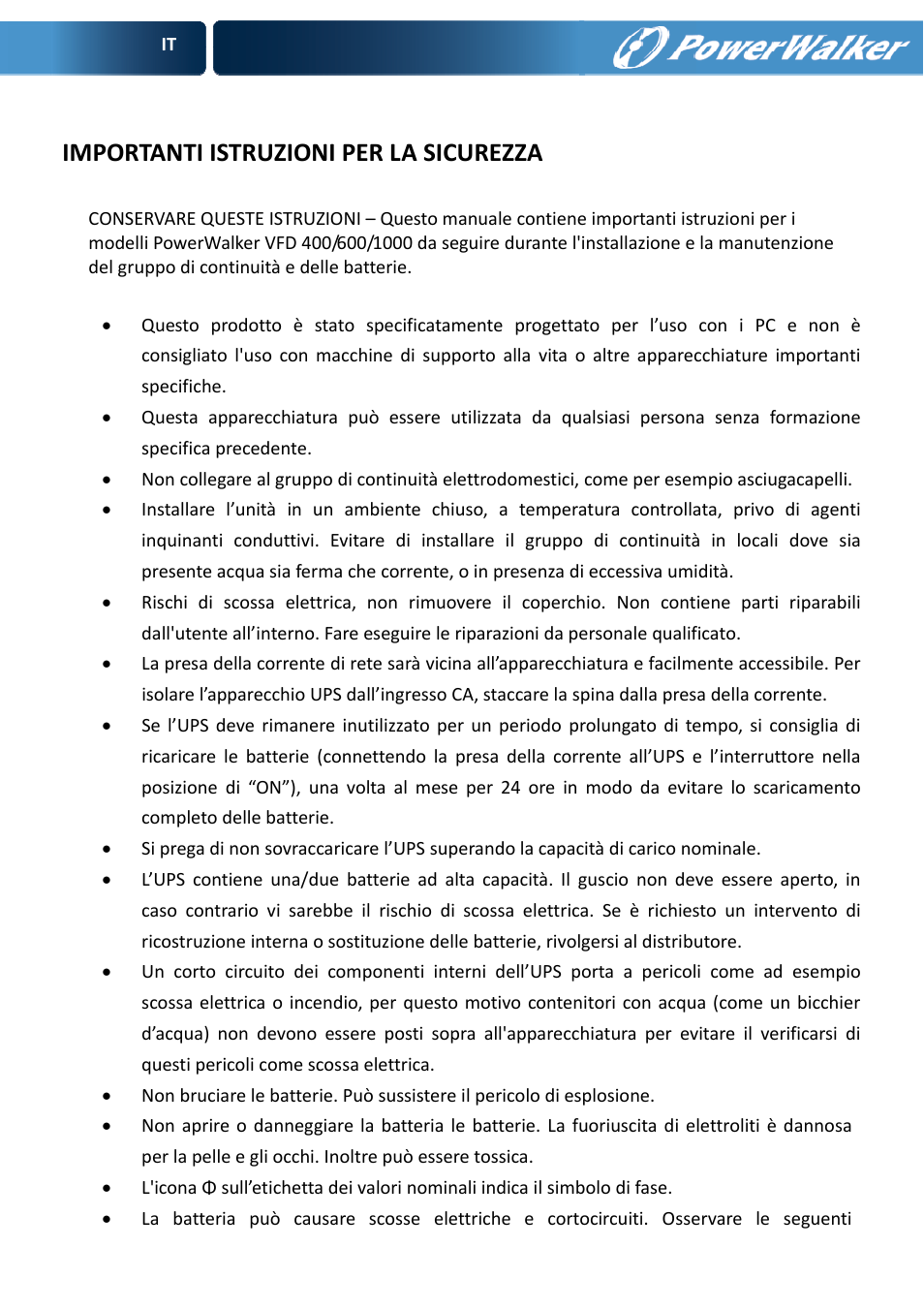 Importanti istruzioni per la sicurezza | PowerWalker VFD 600 User Manual | Page 34 / 160