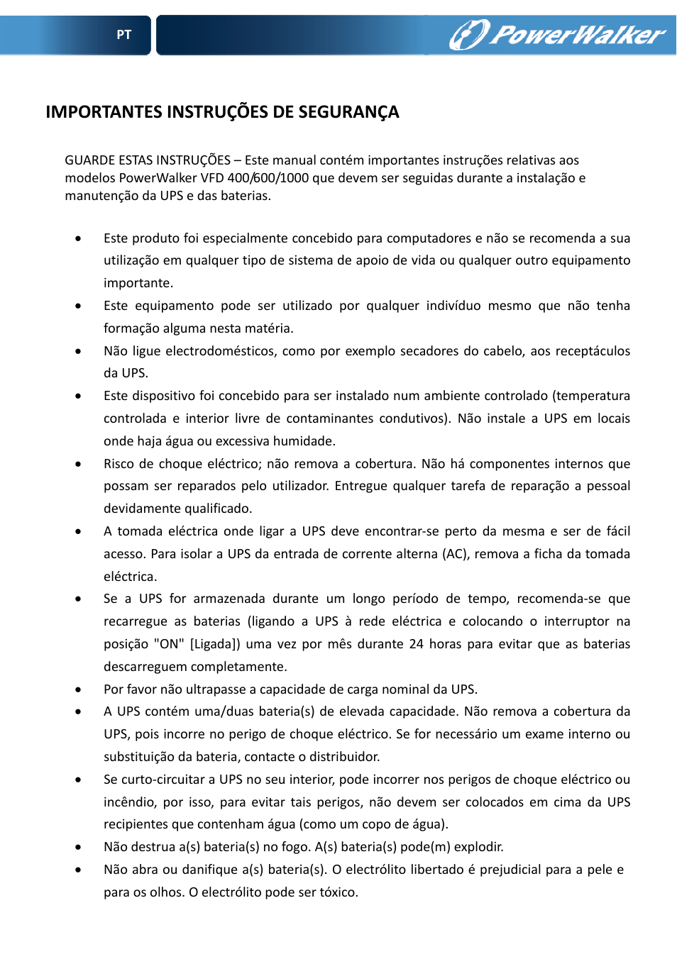 Importantes instruções de segurança | PowerWalker VFD 600 User Manual | Page 42 / 160