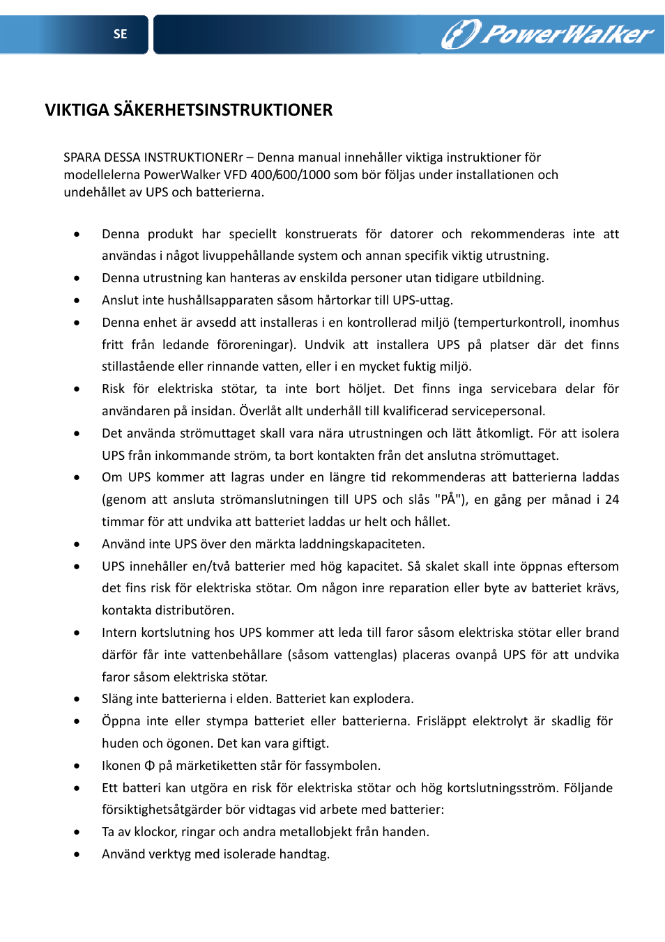 Viktiga säkerhetsinstruktioner | PowerWalker VFD 600 User Manual | Page 50 / 160