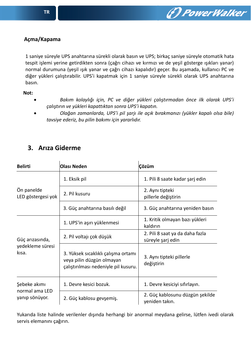 Arıza giderme | PowerWalker VFD 600 User Manual | Page 79 / 160