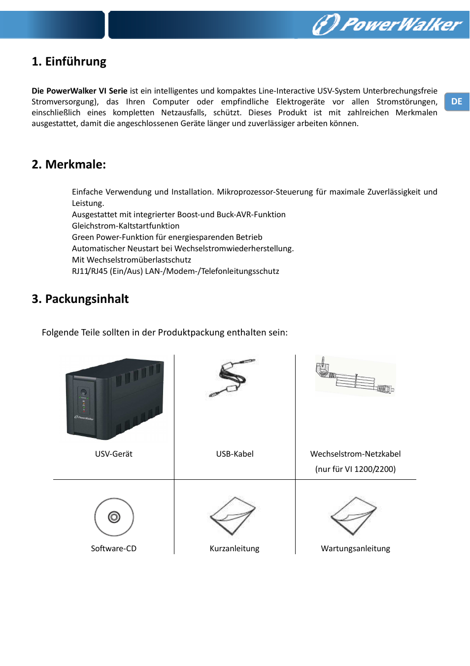 Einführung, Merkmale, Packungsinhalt | PowerWalker VI 650 SE User Manual | Page 15 / 62