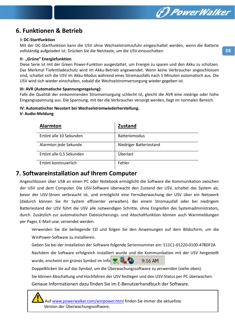 Funktionen & betrieb, Softwareinstallation auf ihrem computer, Alarmton zustand | PowerWalker VI 650 SE User Manual | Page 19 / 62