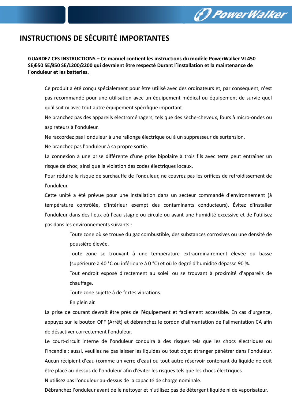 Instructions de sécurité importantes | PowerWalker VI 650 SE User Manual | Page 23 / 62