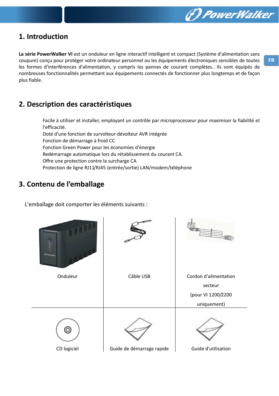 Introduction, Description des caractéristiques, Contenu de l’emballage | PowerWalker VI 650 SE User Manual | Page 26 / 62