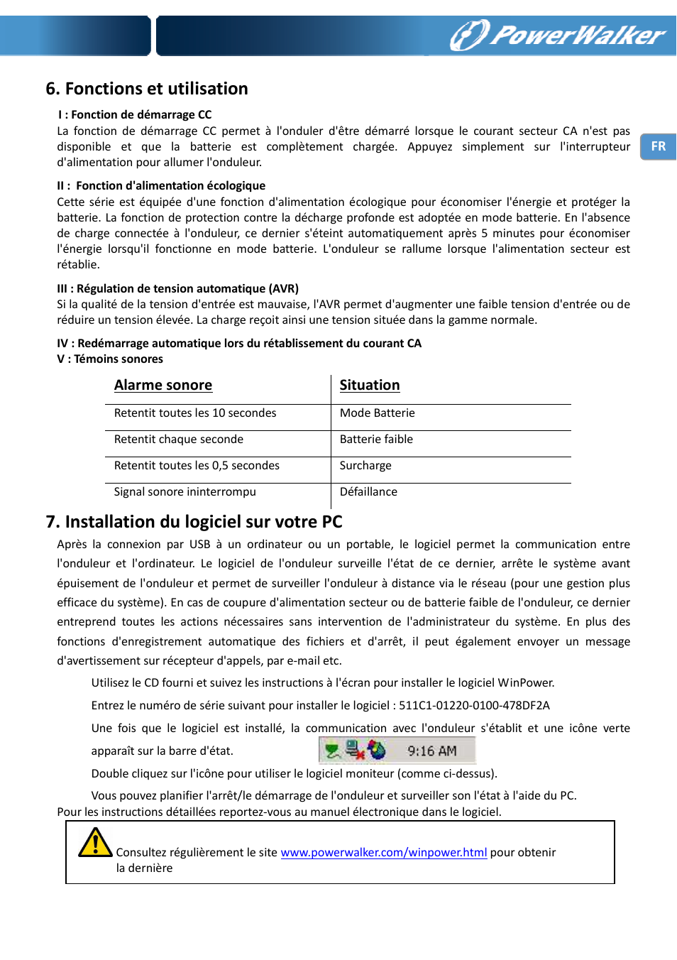 Fonctions et utilisation, Installation du logiciel sur votre pc, Alarme sonore situation | PowerWalker VI 650 SE User Manual | Page 30 / 62