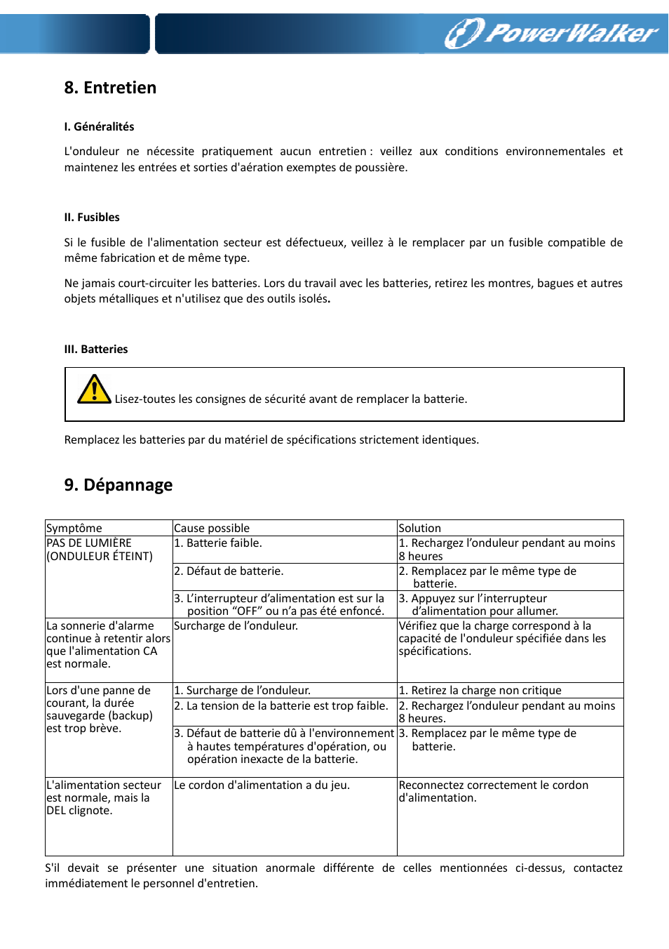 Entretien, Dépannage | PowerWalker VI 650 SE User Manual | Page 31 / 62