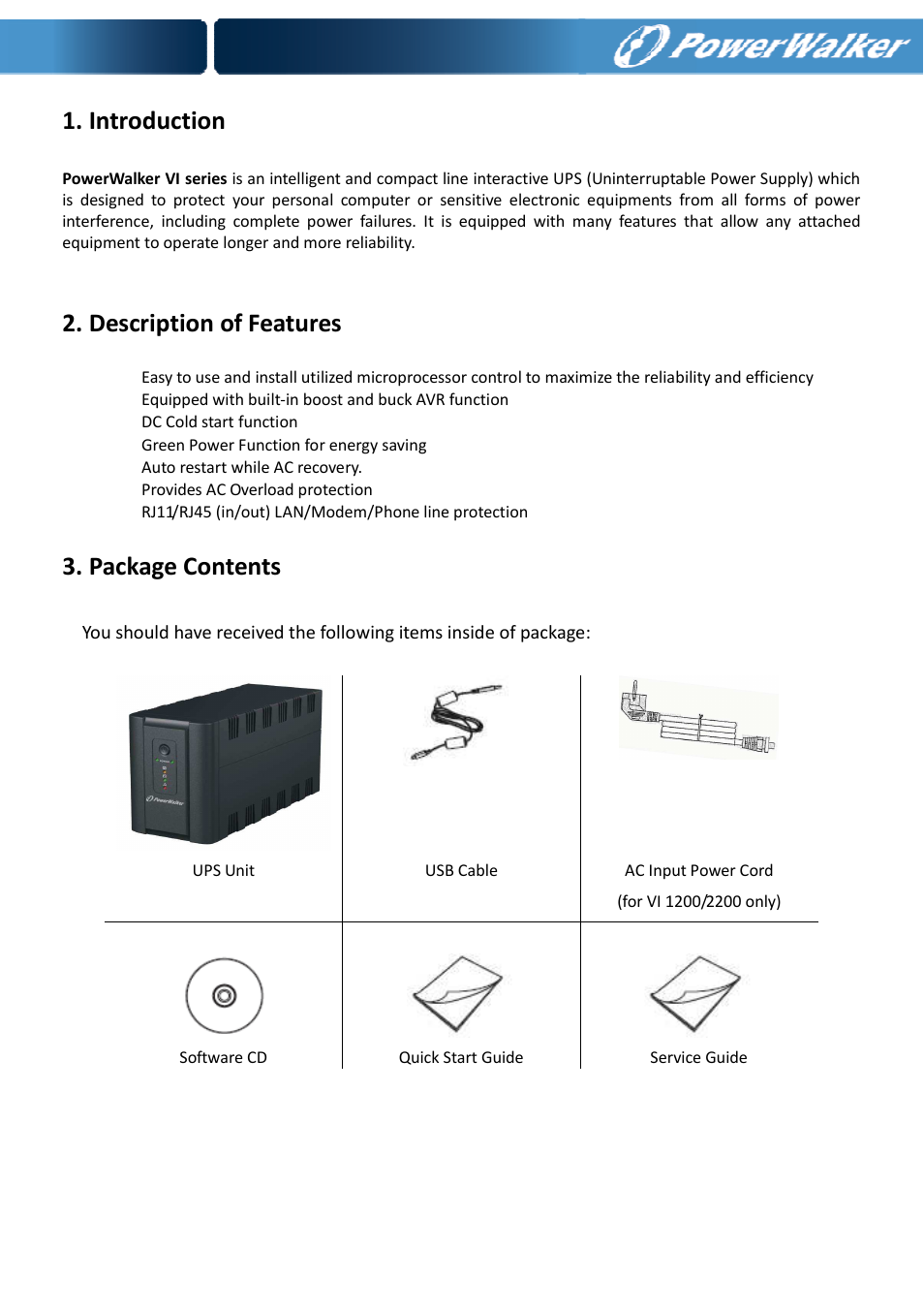 Introduction, Description of features, Package contents | PowerWalker VI 650 SE User Manual | Page 4 / 62