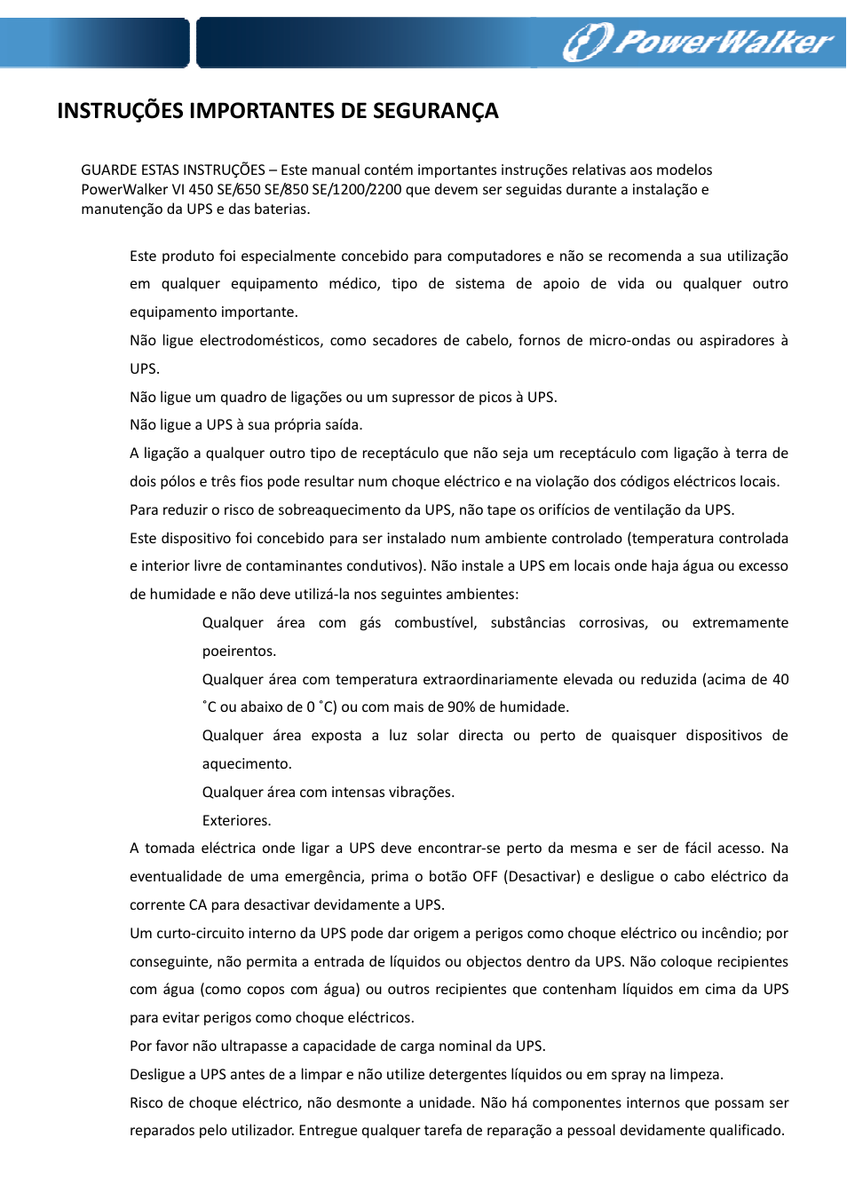 Instruções importantes de segurança | PowerWalker VI 650 SE User Manual | Page 43 / 62