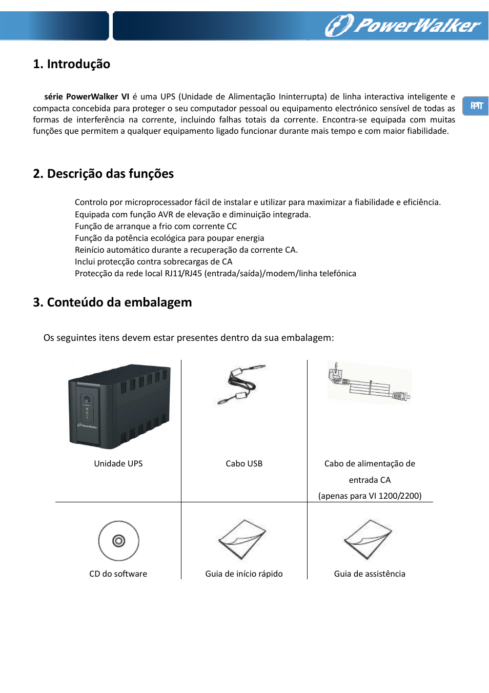 Introdução, Descrição das funções, Conteúdo da embalagem | PowerWalker VI 650 SE User Manual | Page 46 / 62