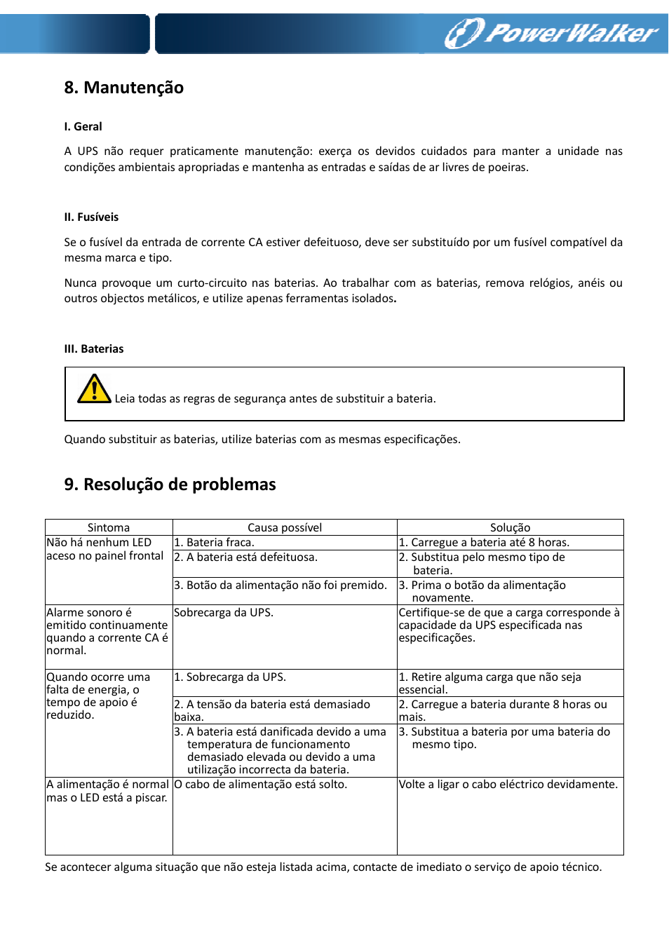 Manutenção, Resolução de problemas | PowerWalker VI 650 SE User Manual | Page 51 / 62