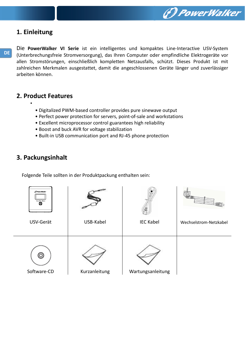 Einleitung, Product features, Packungsinhalt | PowerWalker VI 750 PSW User Manual | Page 12 / 64