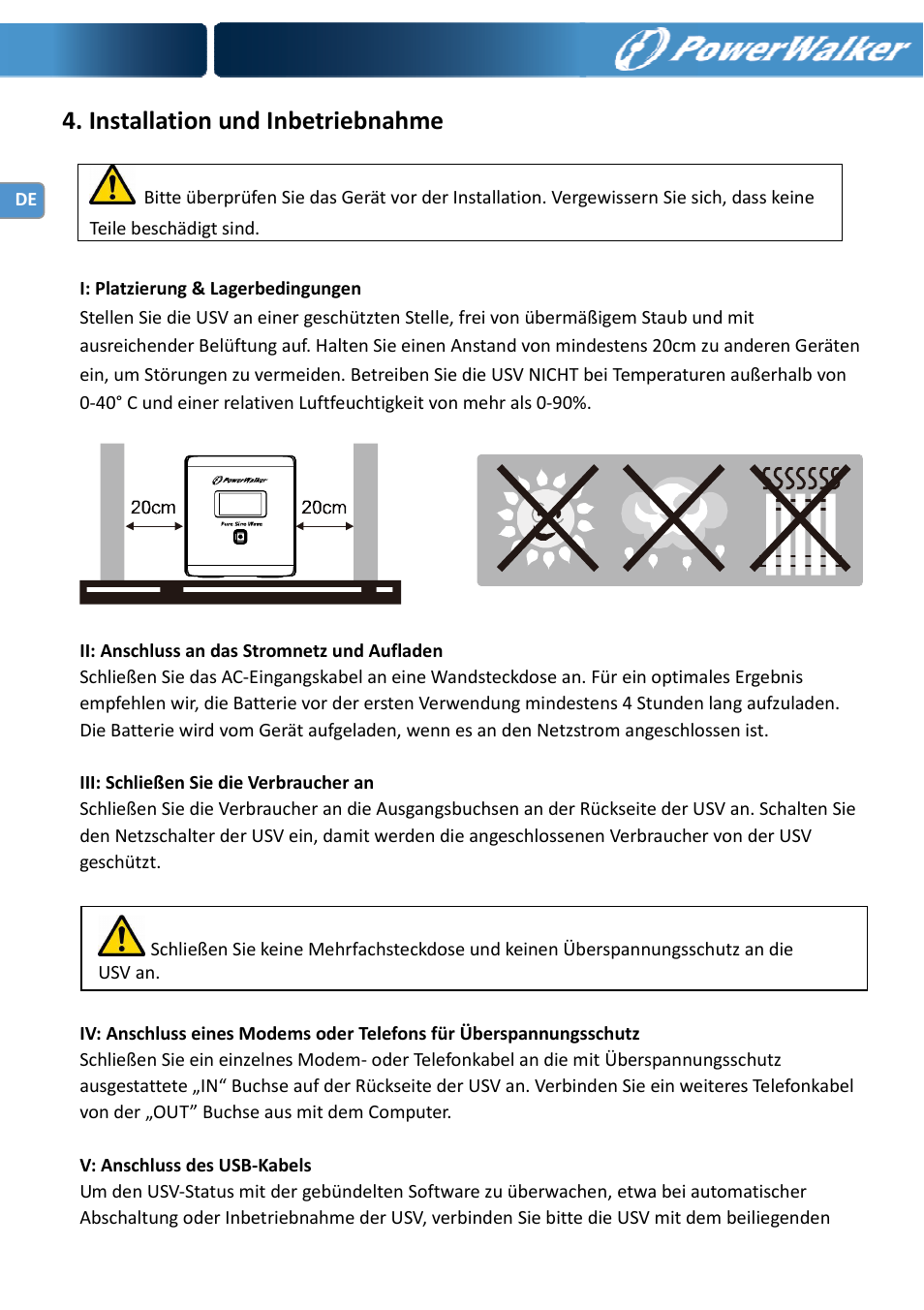 Installation und inbetriebnahme | PowerWalker VI 750 PSW User Manual | Page 14 / 64