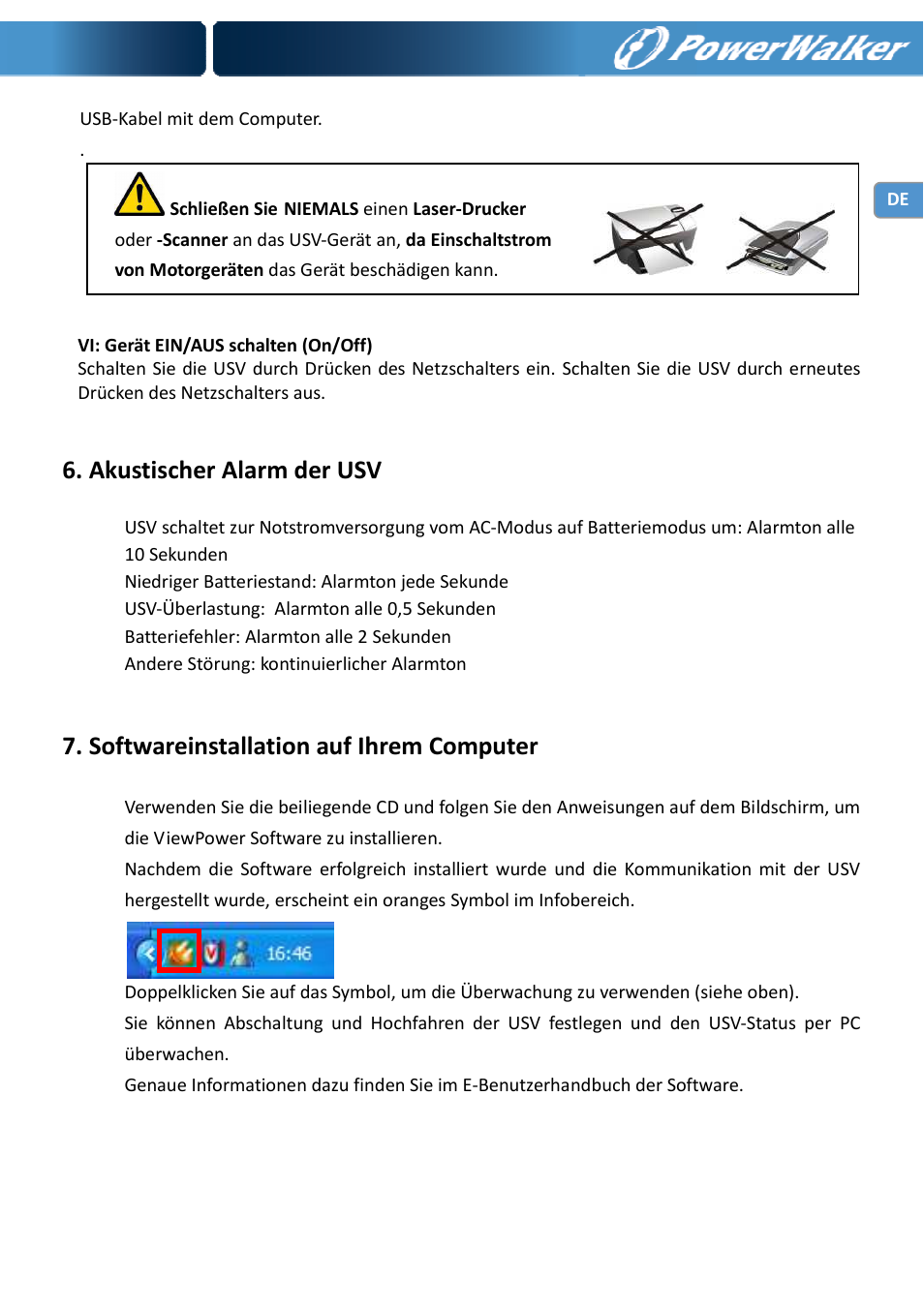 Akustischer alarm der usv, Softwareinstallation auf ihrem computer | PowerWalker VI 750 PSW User Manual | Page 15 / 64