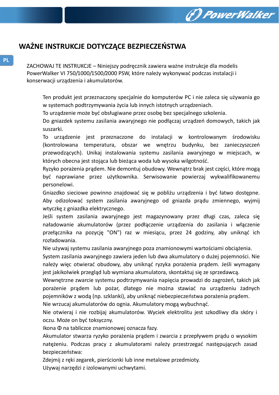 Ważne instrukcje dotyczące bezpieczeństwa | PowerWalker VI 750 PSW User Manual | Page 34 / 64