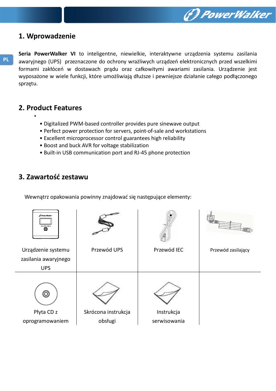 Wprowadzenie, Product features, Zawartość zestawu | PowerWalker VI 750 PSW User Manual | Page 36 / 64