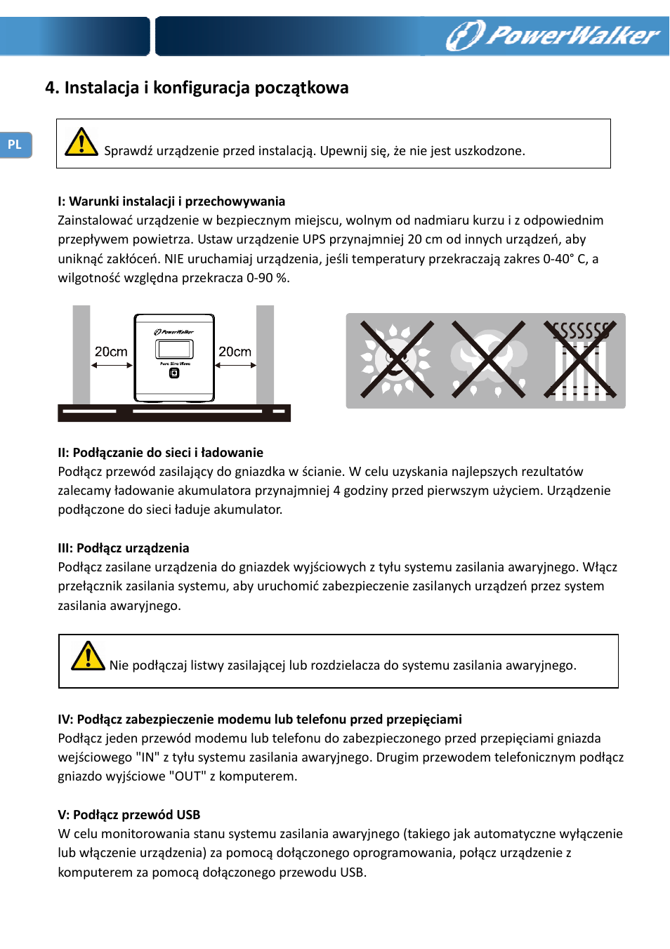 Instalacja i konfiguracja początkowa | PowerWalker VI 750 PSW User Manual | Page 38 / 64