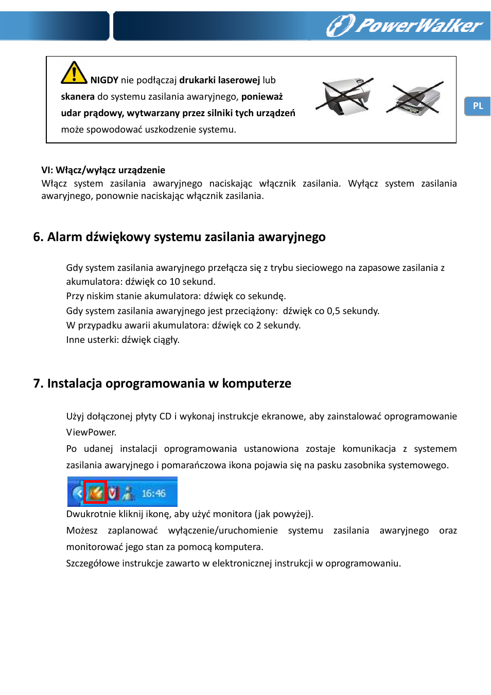 Alarm dźwiękowy systemu zasilania awaryjnego, Instalacja oprogramowania w komputerze | PowerWalker VI 750 PSW User Manual | Page 39 / 64