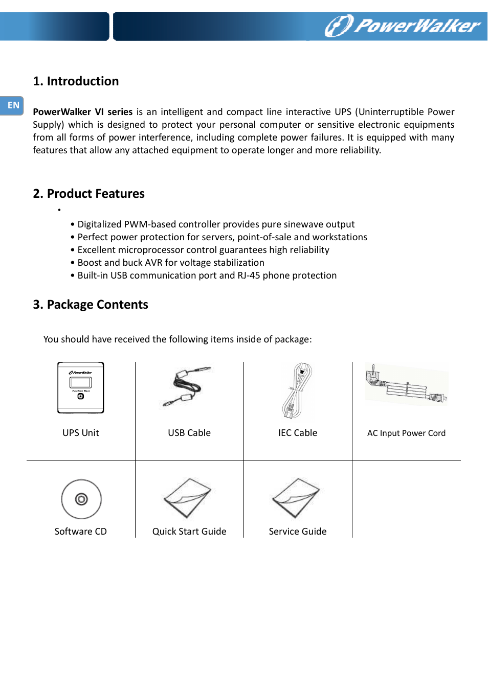 Introduction, Product features, Package contents | PowerWalker VI 750 PSW User Manual | Page 4 / 64