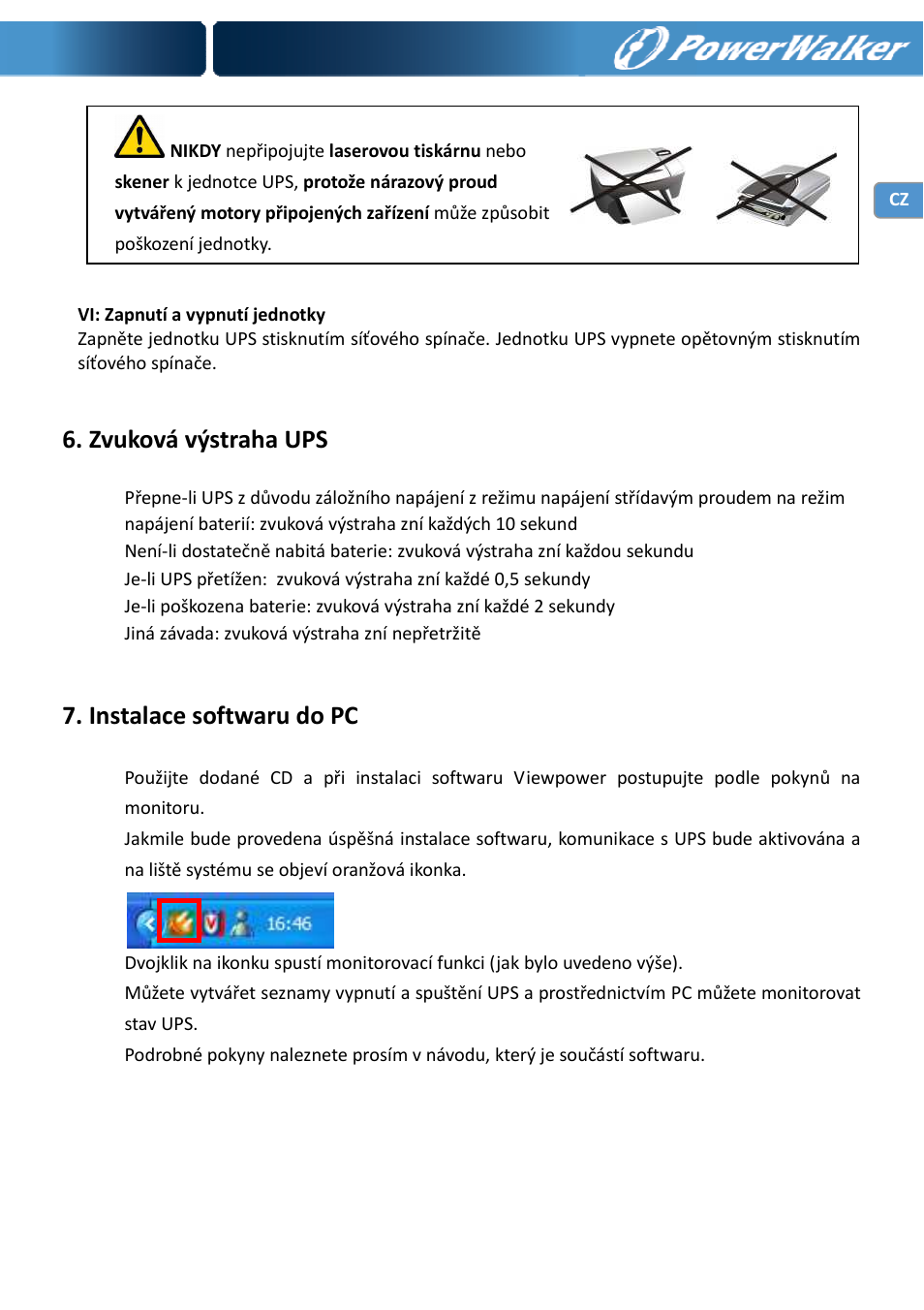 Zvuková výstraha ups, Instalace softwaru do pc | PowerWalker VI 750 PSW User Manual | Page 47 / 64