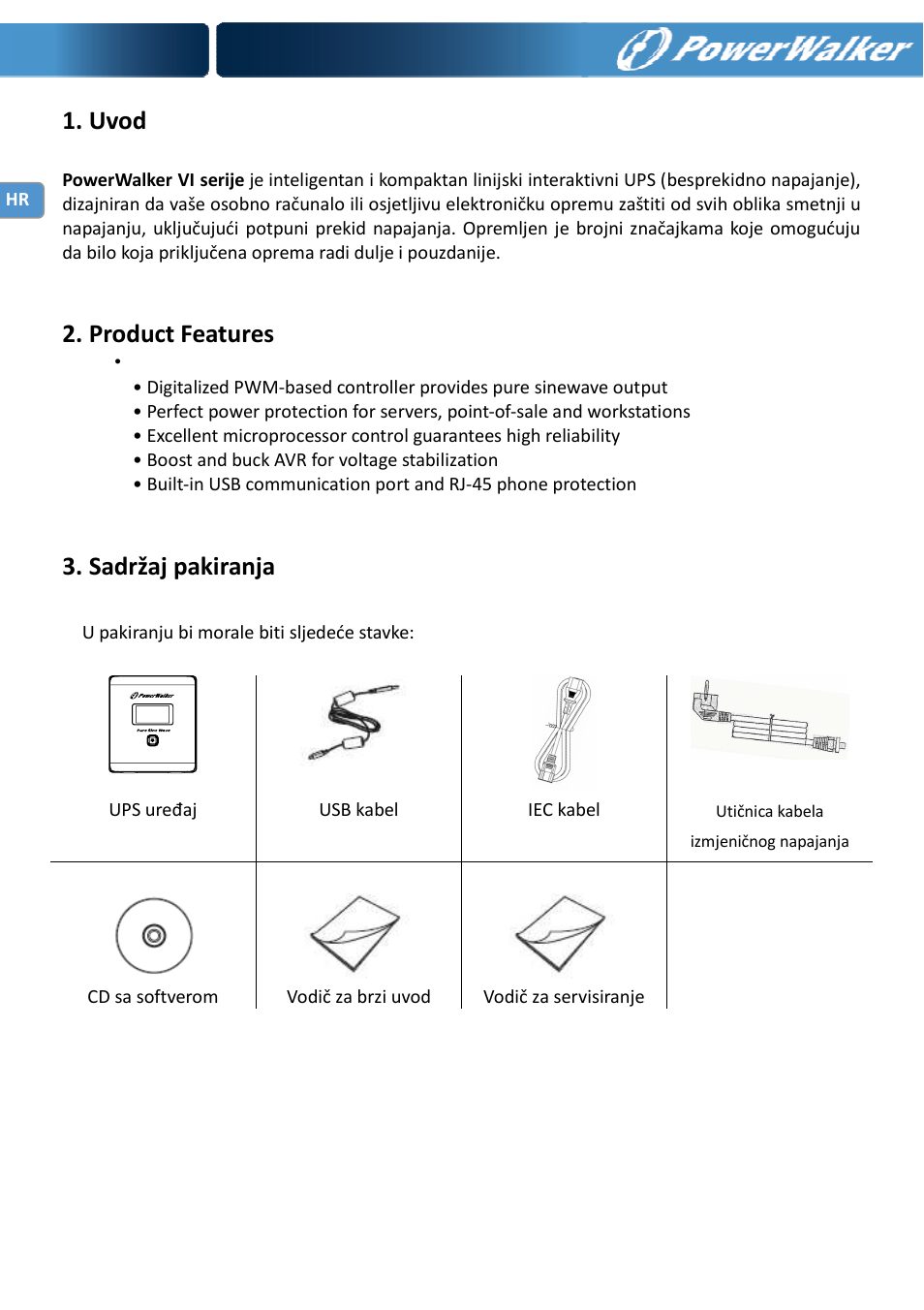 Uvod, Product features, Sadržaj pakiranja | PowerWalker VI 750 PSW User Manual | Page 52 / 64