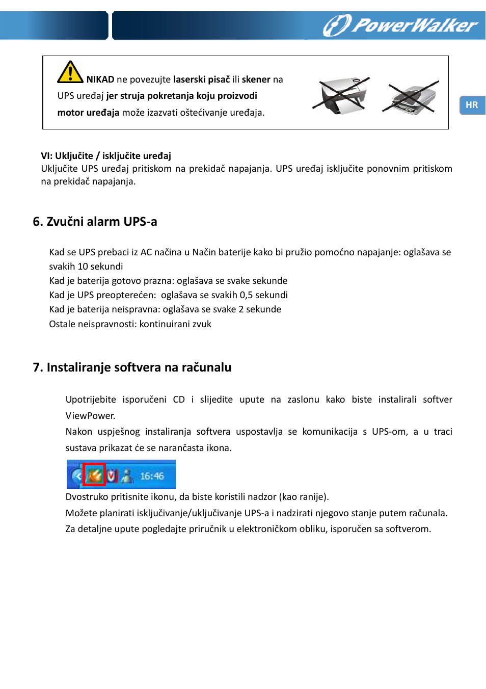 Zvučni alarm ups-a, Instaliranje softvera na računalu | PowerWalker VI 750 PSW User Manual | Page 55 / 64