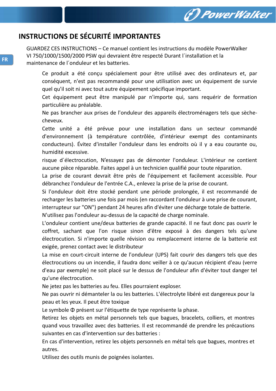 Instructions de sécurité importantes | PowerWalker VI 750 PSW User Manual | Page 58 / 64