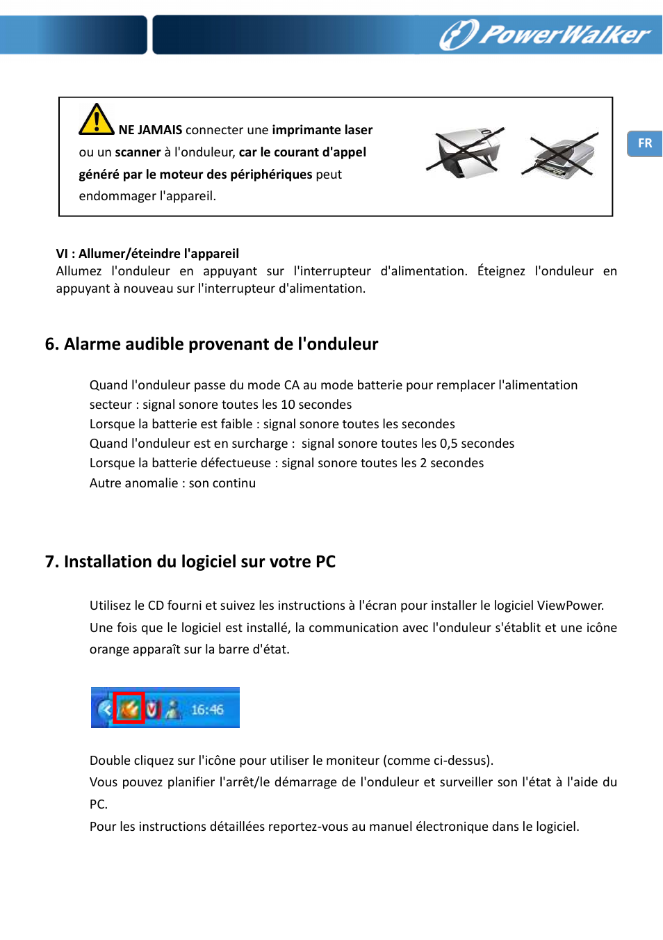 Alarme audible provenant de l'onduleur, Installation du logiciel sur votre pc | PowerWalker VI 750 PSW User Manual | Page 63 / 64