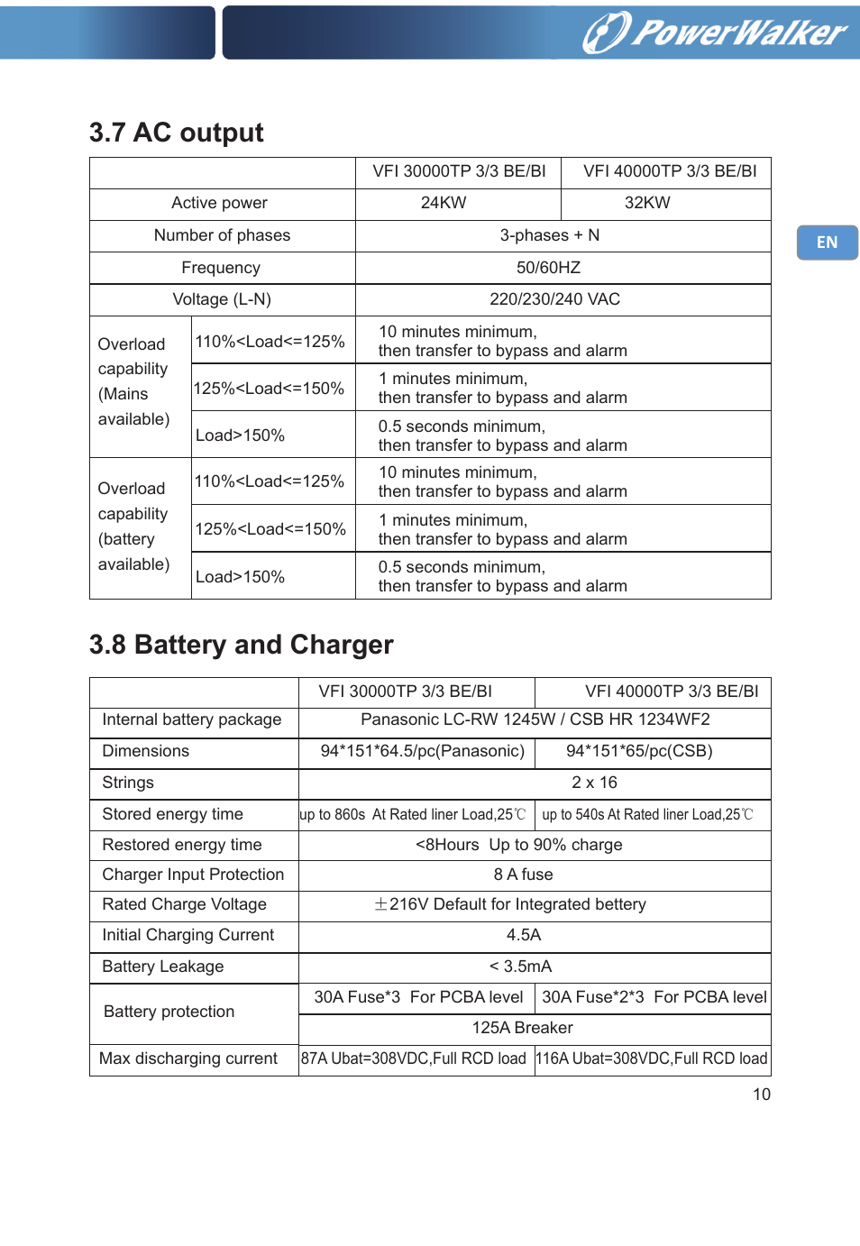 7 ac output 3.8 battery and charger | PowerWalker VFI 30000TP 3_3 BE User Manual | Page 15 / 64