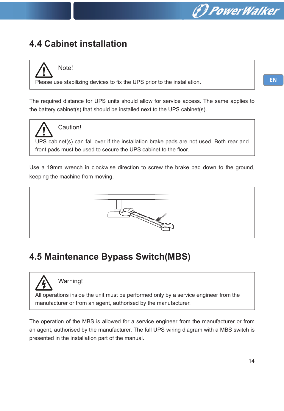 5 maintenance bypass switch(mbs), 4 cabinet installation | PowerWalker VFI 30000TP 3_3 BE User Manual | Page 19 / 64