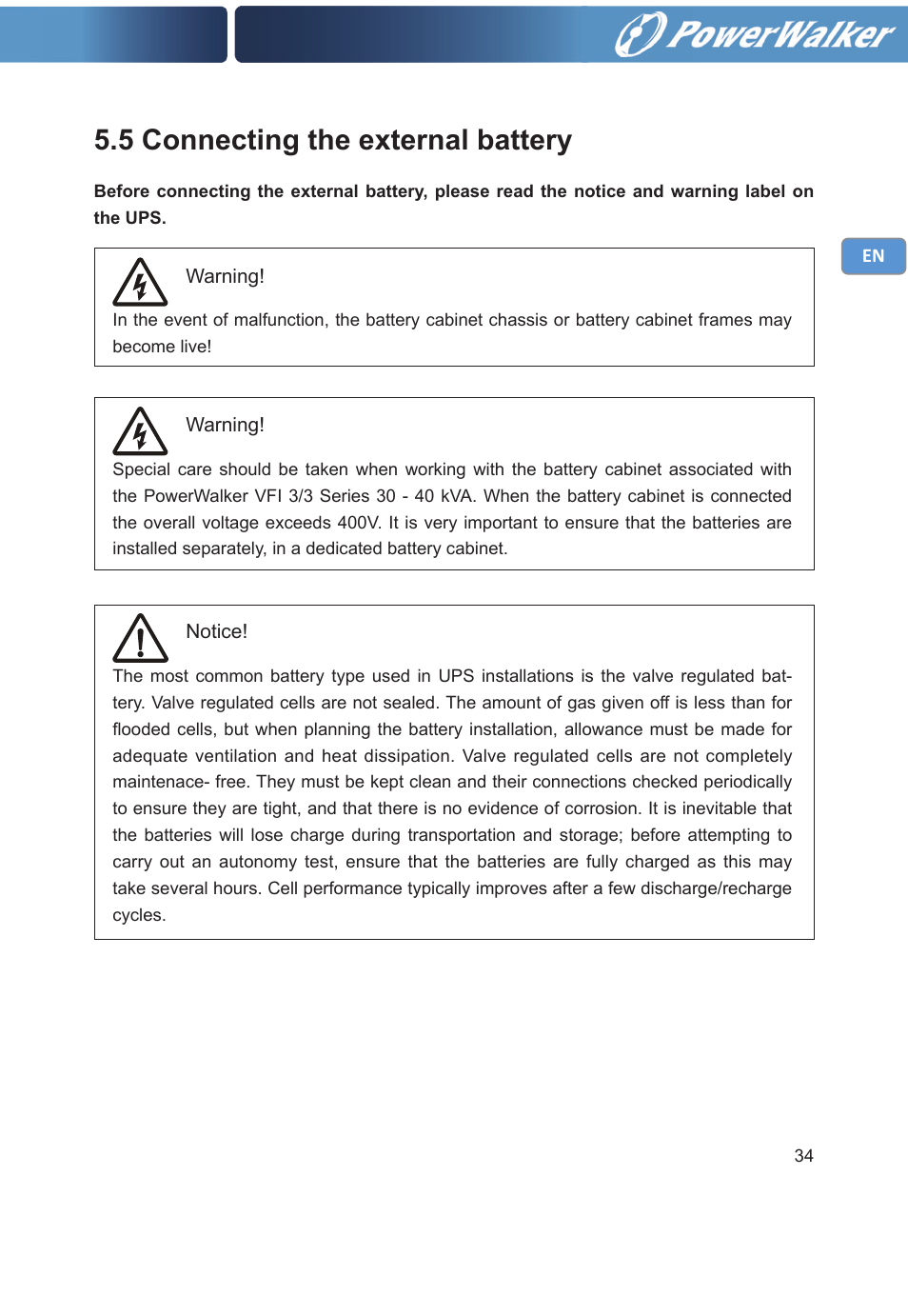 5 connecting the external battery | PowerWalker VFI 30000TP 3_3 BE User Manual | Page 39 / 64