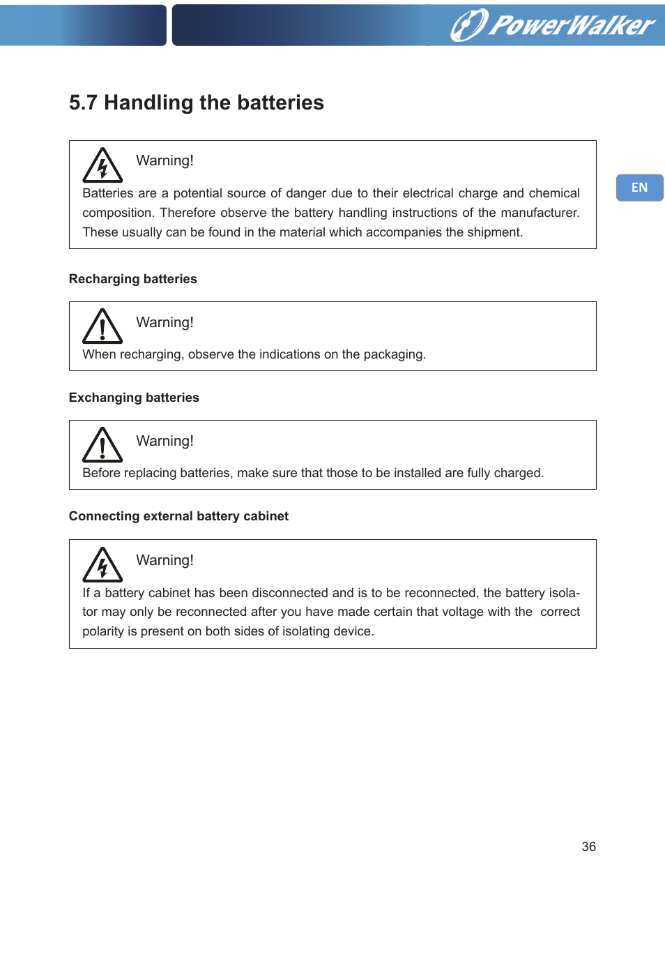 7 handling the batteries | PowerWalker VFI 30000TP 3_3 BE User Manual | Page 41 / 64