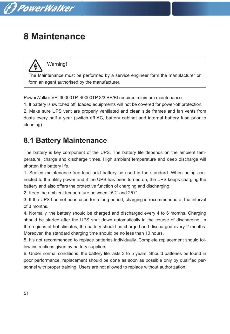 8 maintenance, 1 battery maintenance | PowerWalker VFI 30000TP 3_3 BE User Manual | Page 56 / 64