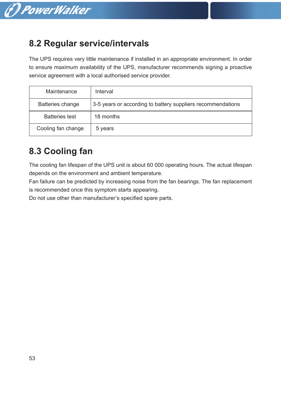 2 regular service/intervals, 3 cooling fan | PowerWalker VFI 30000TP 3_3 BE User Manual | Page 58 / 64