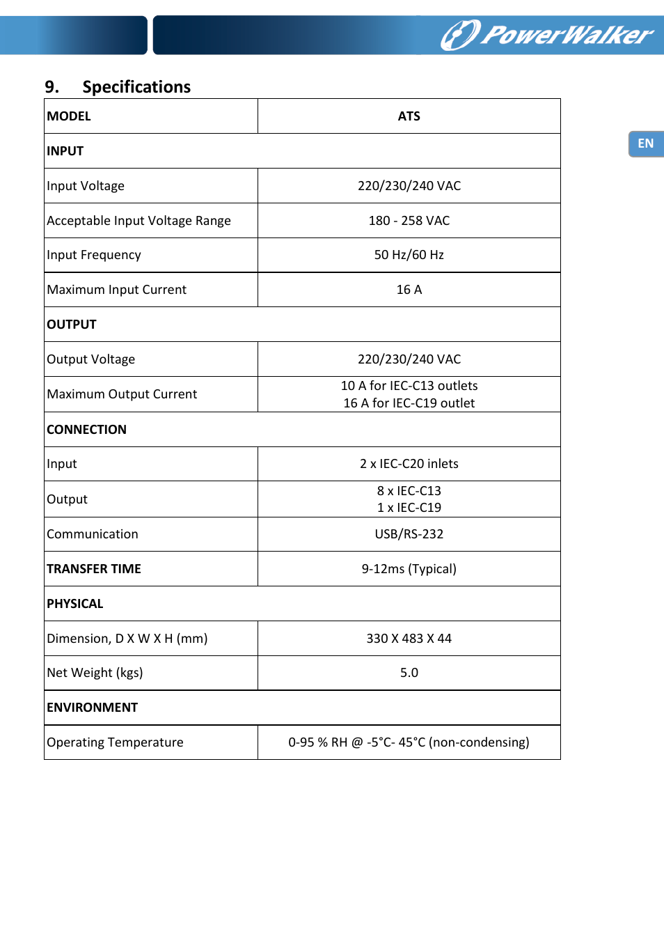 Specifications | PowerWalker ATS User Manual | Page 9 / 10