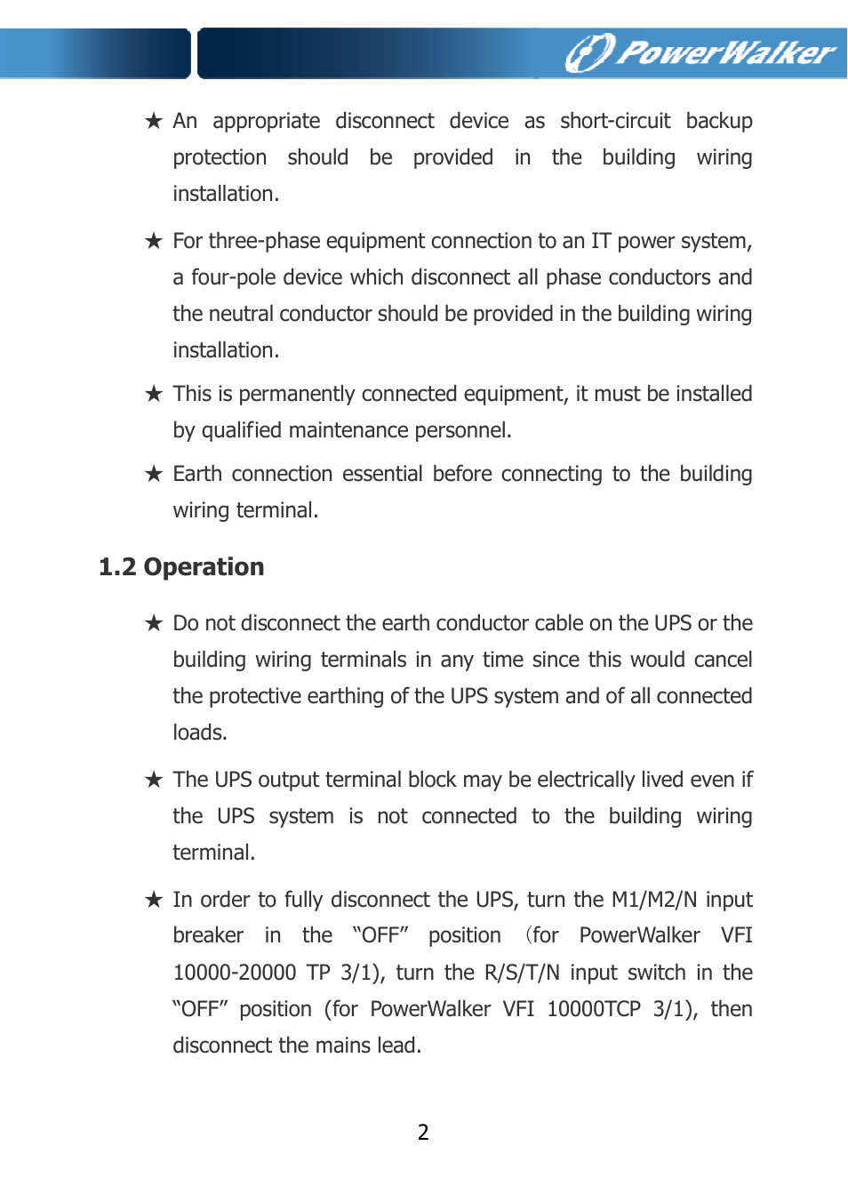 2 operation | PowerWalker VFI 10000TCP 3_1 User Manual | Page 5 / 67