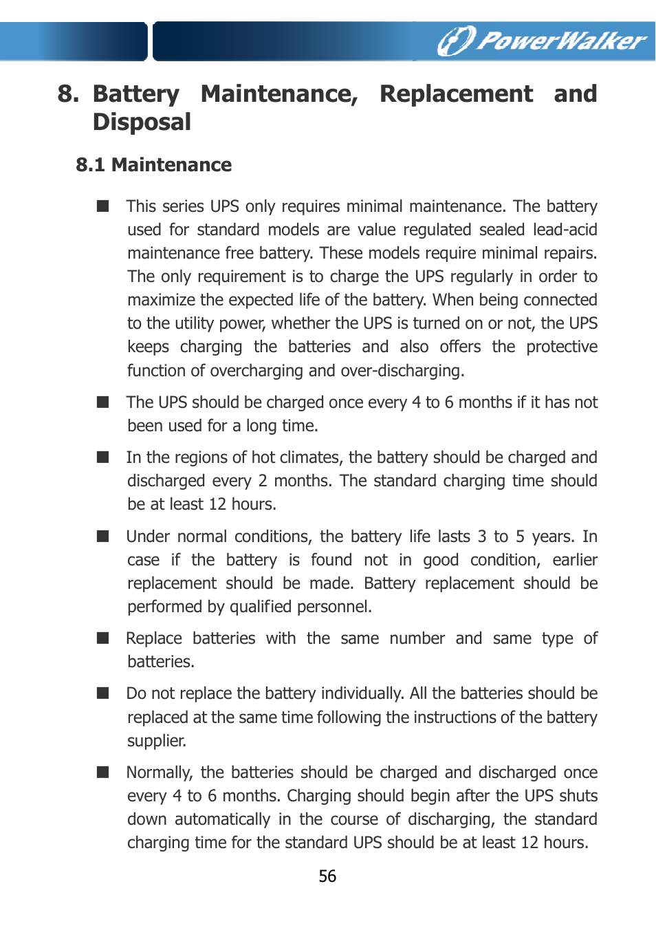 Battery maintenance, replacement and disposal, 1 maintenance | PowerWalker VFI 10000TCP 3_1 User Manual | Page 59 / 67