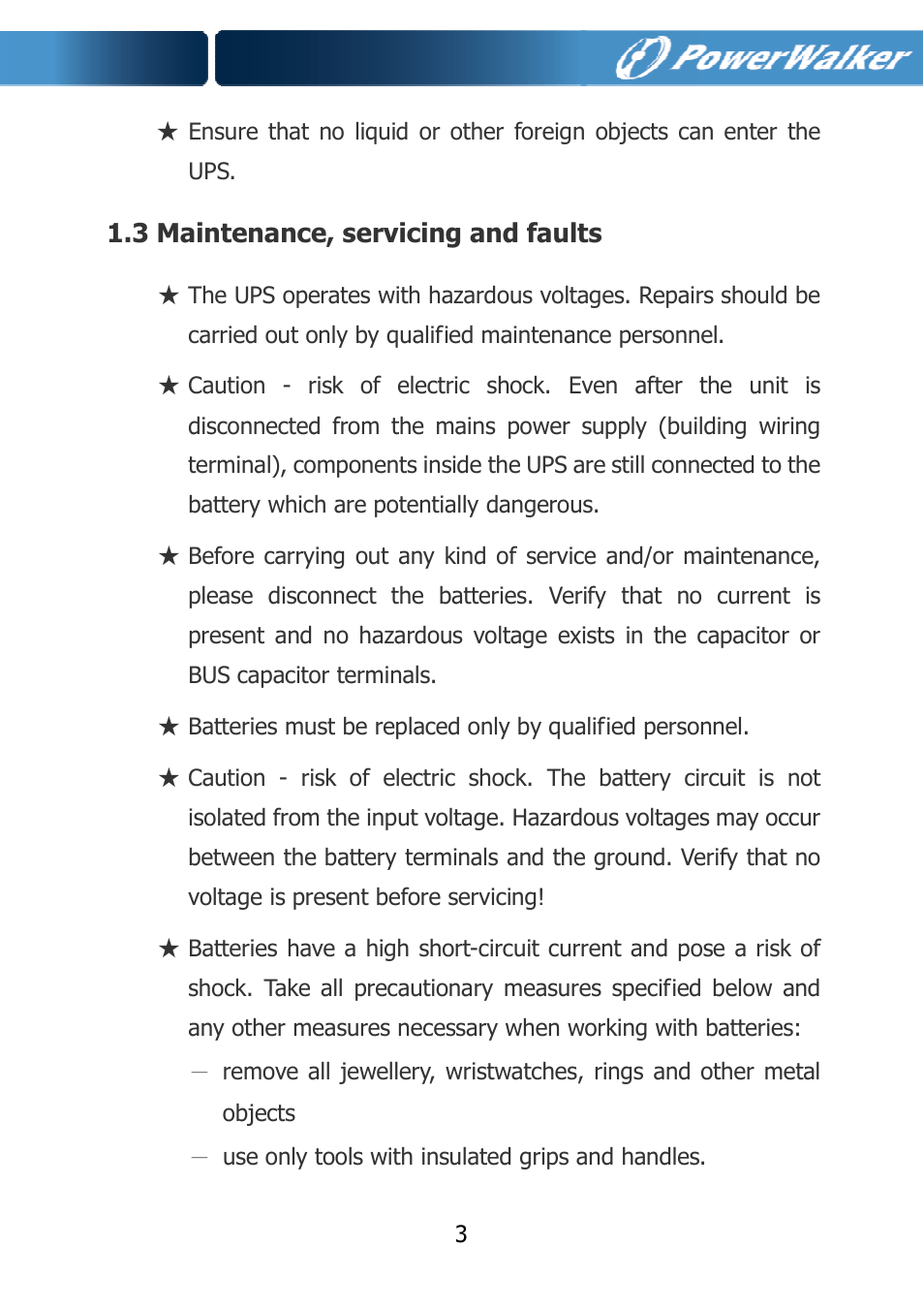 3 maintenance, servicing and faults | PowerWalker VFI 10000TCP 3_1 User Manual | Page 6 / 67