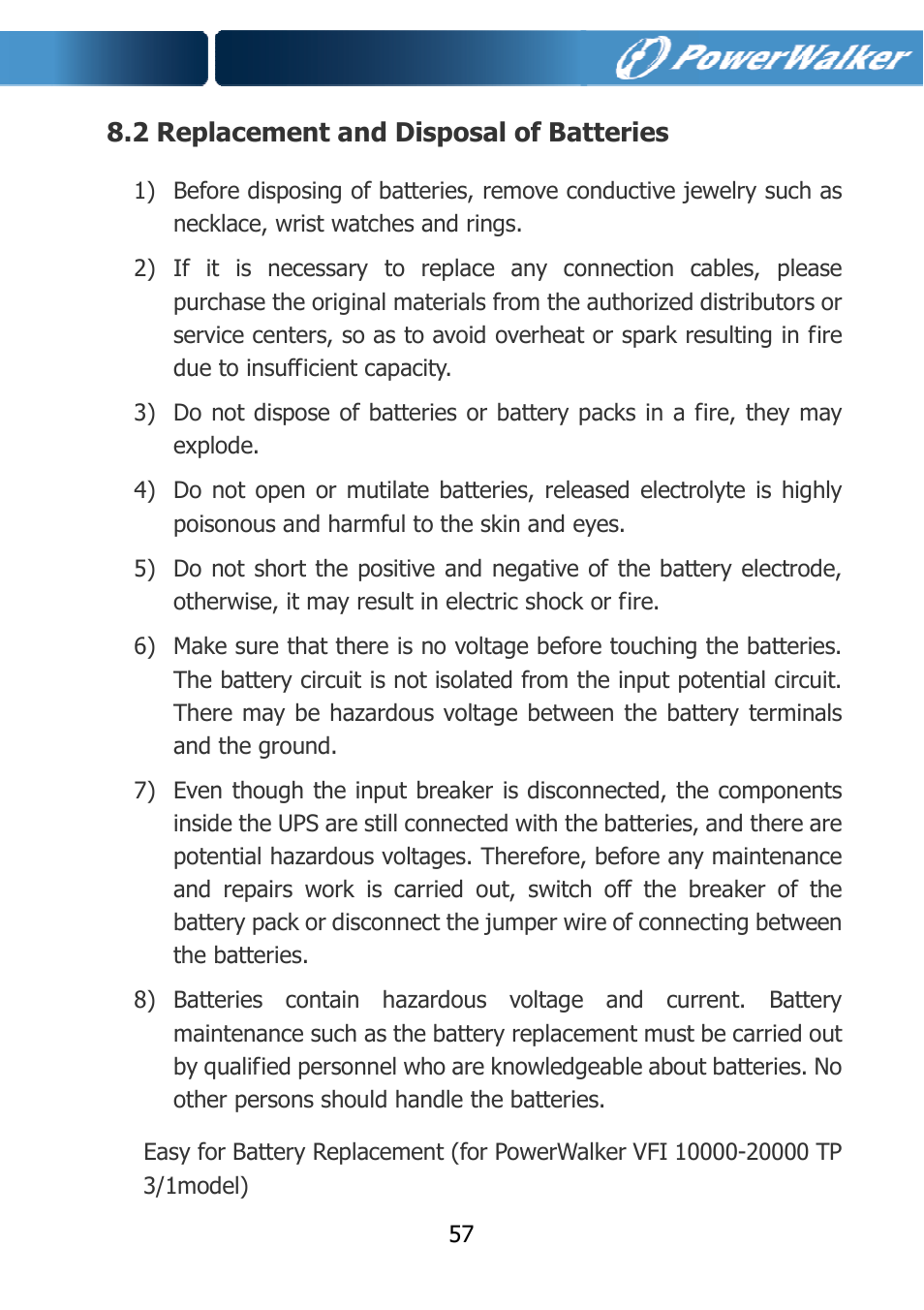 2 replacement and disposal of batteries | PowerWalker VFI 10000TCP 3_1 User Manual | Page 60 / 67