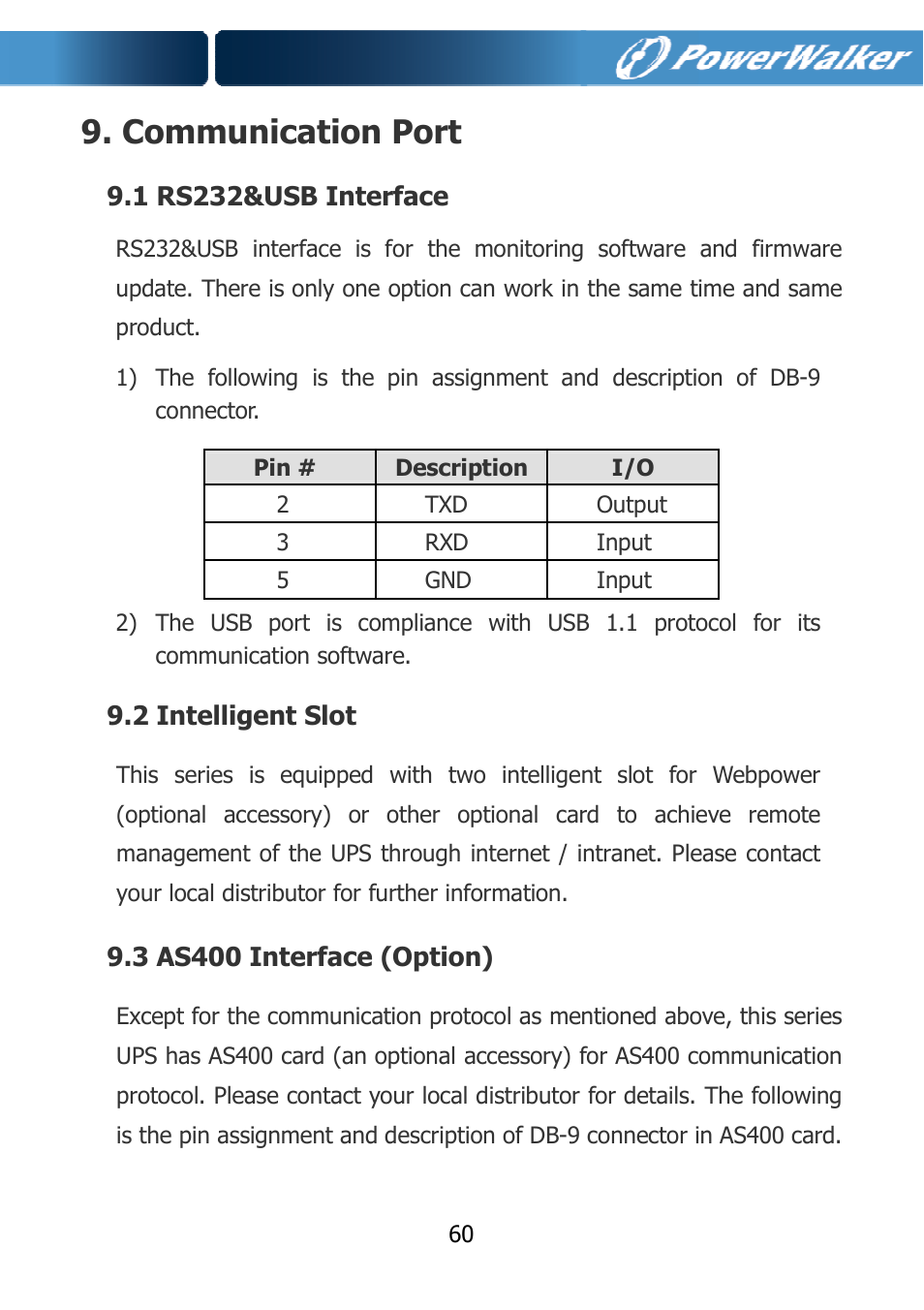 Communication port | PowerWalker VFI 10000TCP 3_1 User Manual | Page 63 / 67