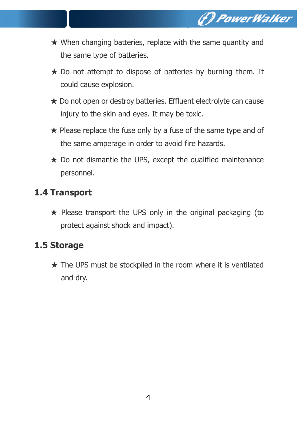 4 transport, 5 storage | PowerWalker VFI 10000TCP 3_1 User Manual | Page 7 / 67