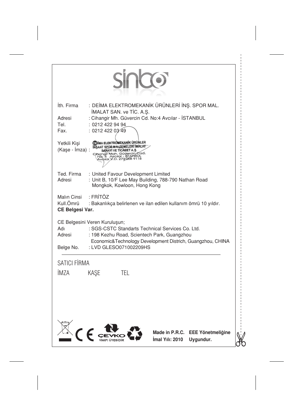 Satici f‹rma ‹mza kafie tel | SINBO SDF 3817 User Manual | Page 44 / 44