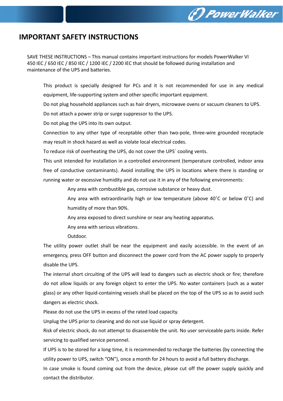 Important safety instructions | PowerWalker VI 650 IEC User Manual | Page 2 / 10