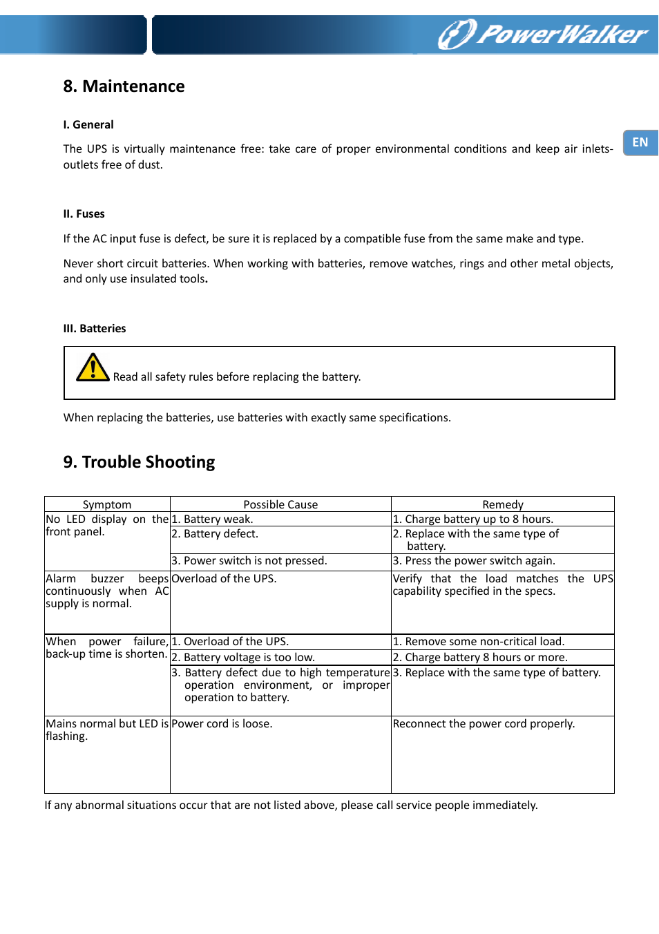 Maintenance, Trouble shooting | PowerWalker VI 650 IEC User Manual | Page 9 / 10