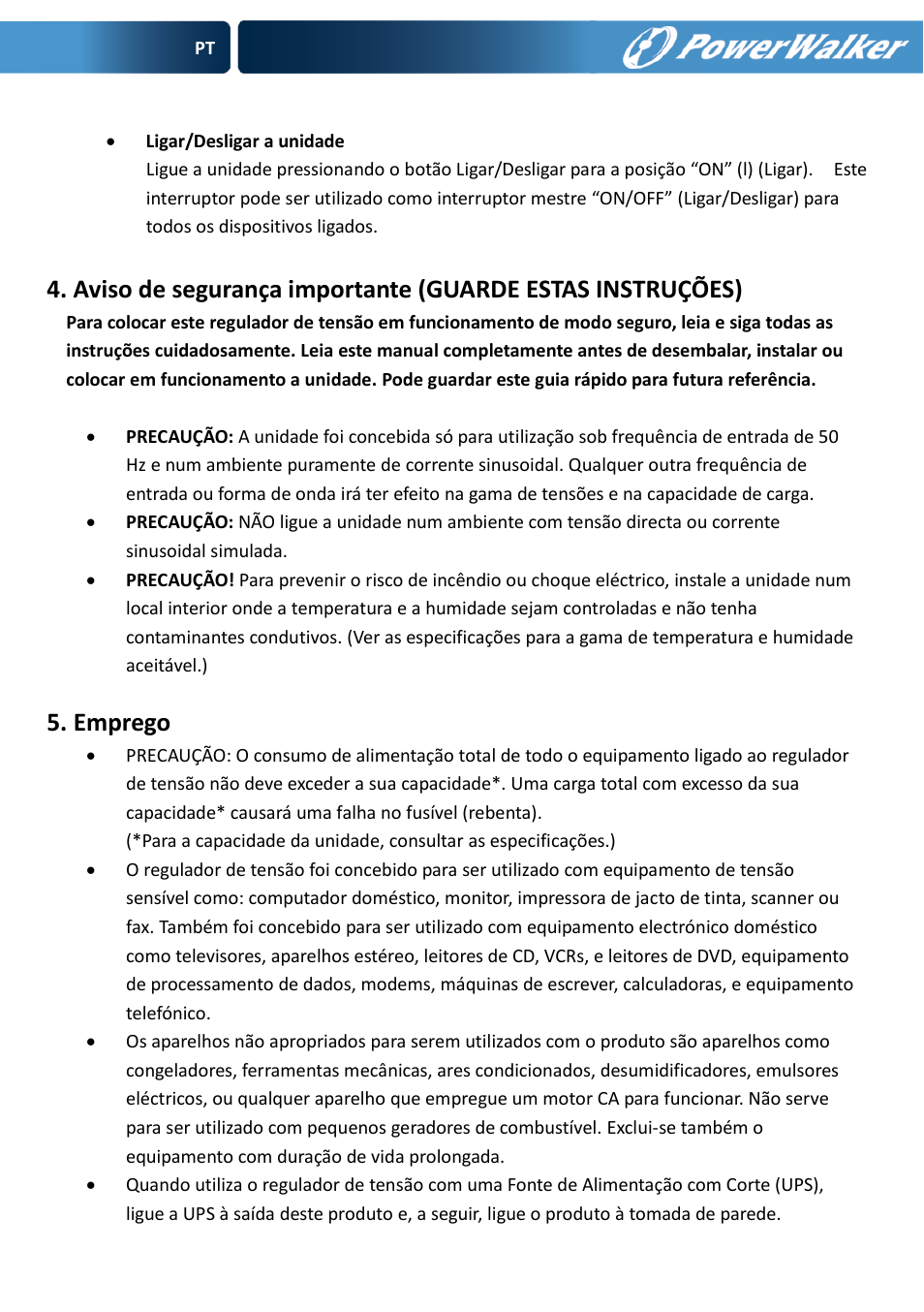 Emprego | PowerWalker AVR 600 User Manual | Page 24 / 86