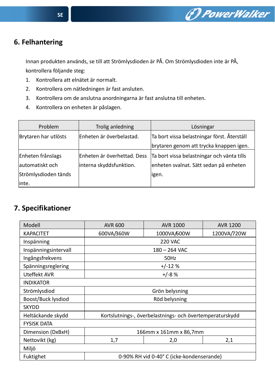 Felhantering, Specifikationer | PowerWalker AVR 600 User Manual | Page 29 / 86