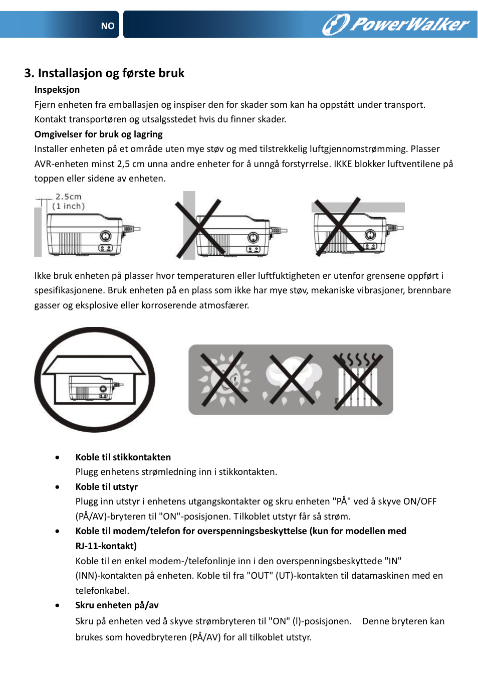 Installasjon og første bruk | PowerWalker AVR 600 User Manual | Page 35 / 86