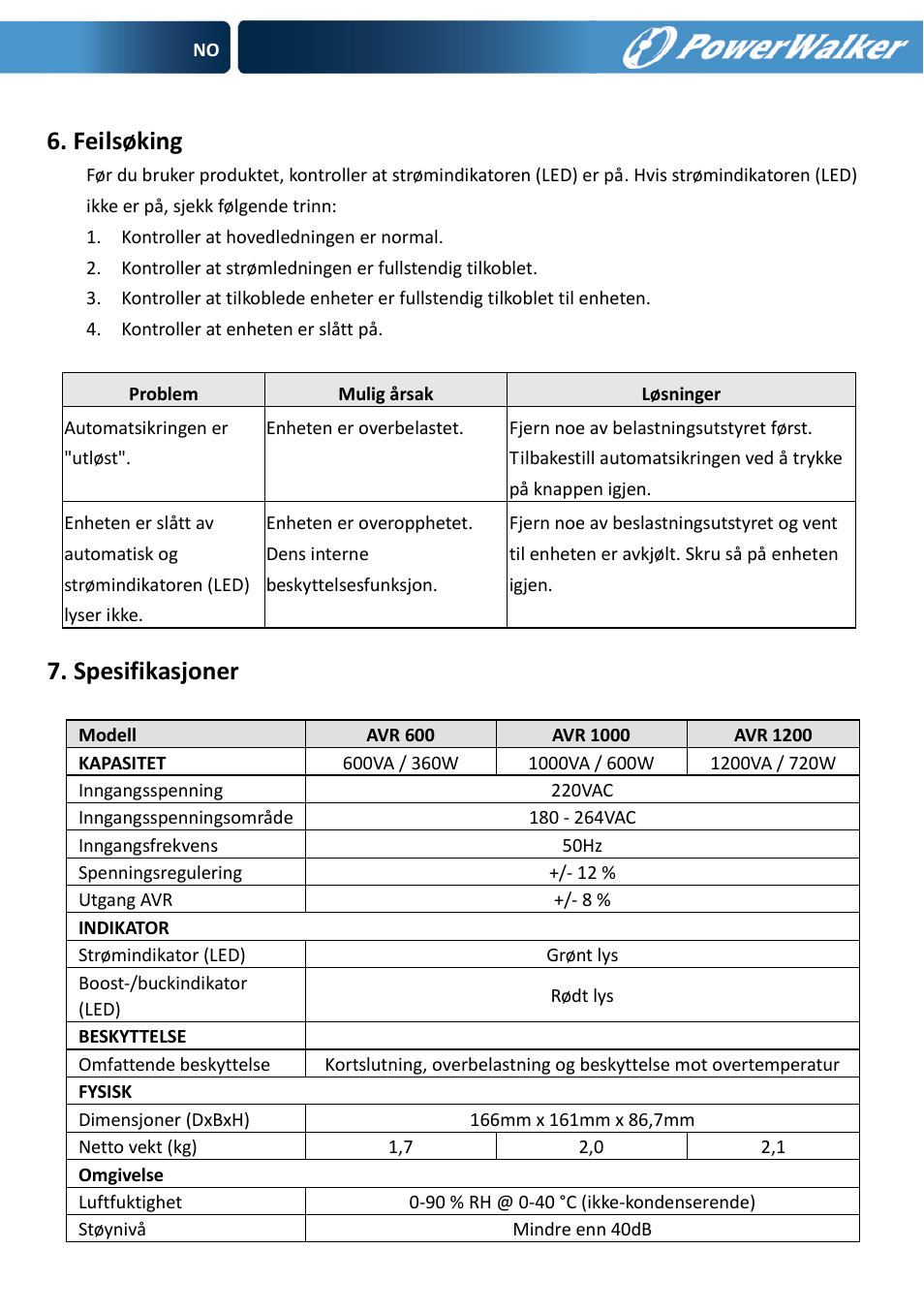 Feilsøking, Spesifikasjoner | PowerWalker AVR 600 User Manual | Page 37 / 86