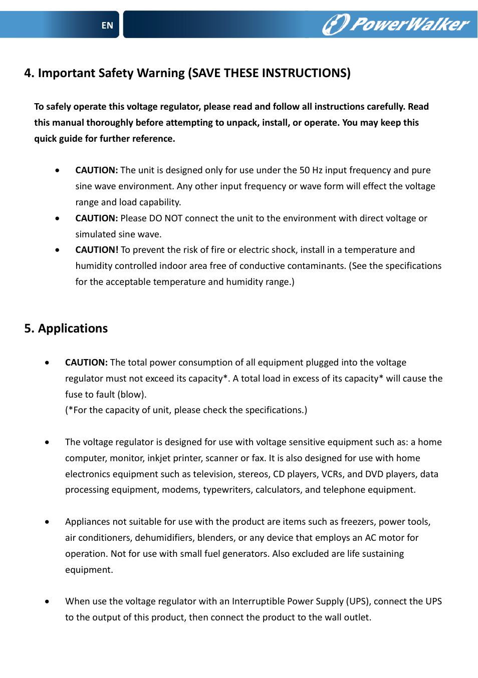 Important safety warning (save these instructions), Applications | PowerWalker AVR 600 User Manual | Page 4 / 86