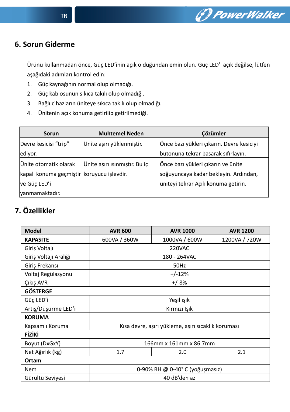 Sorun giderme, Ö zellikler | PowerWalker AVR 600 User Manual | Page 41 / 86